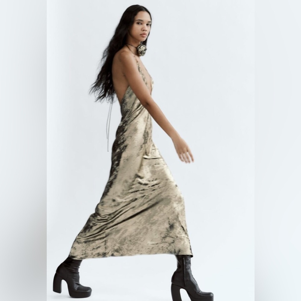 NWT Zara Gold Foil Silky Dress